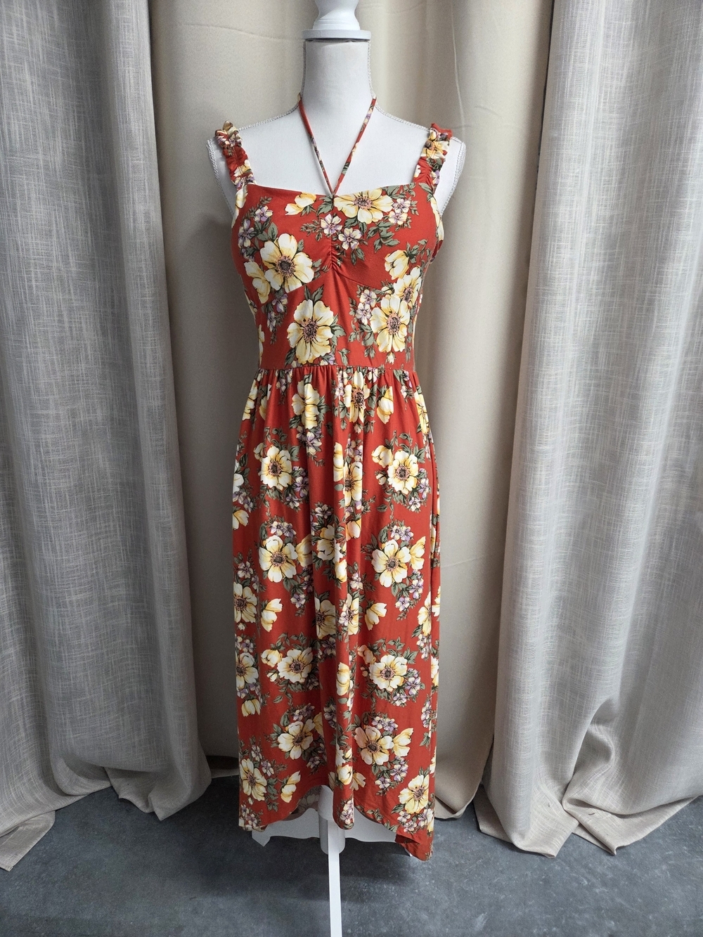 Derek Heart Rust Maxi Dress Floral Hawaiian Tropical Cottagecore Size L